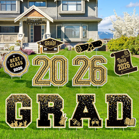 2026 Graduation Decorations Yard Signs â 10PCS Black and Gold Congrats Grad Lawn Decorations with Stakes, Graduation Party Supplies, Large Outdoor Graduation Party Decor for High School & College
