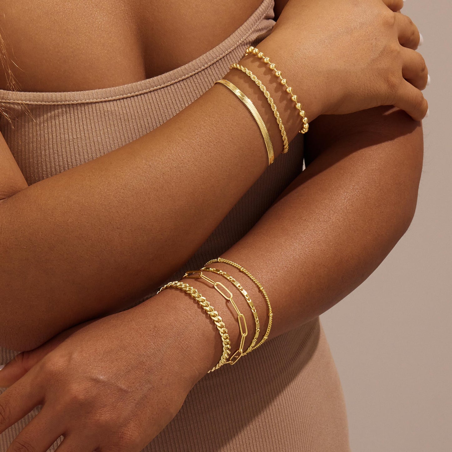 Poxtex Gold Bracelets for Women Trendy, 5pcs Dainty Stackable Bracelets for Women Waterproof, 14k Real Gold Bracelets Stack With Beaded Cuban Paperclip Satellite Mirror Chain, Gold Jewelry Set Gifts
