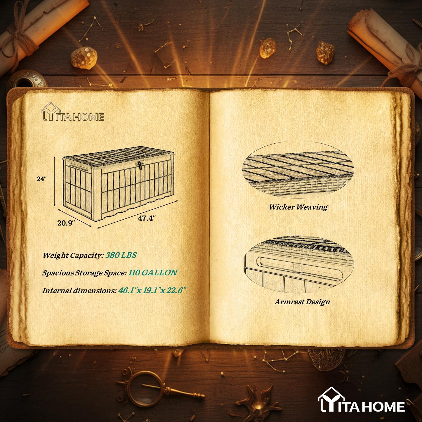 YITAHOME 110 Gallon Outdoor Deck Box, Waterproof Resin Storage Box with Lock, Lockable Patio Furniture Bin, 2-Person Bench Seating for Outdoor Cushions, Garden Tools & Sports/Pool Supplies, Dark Brown