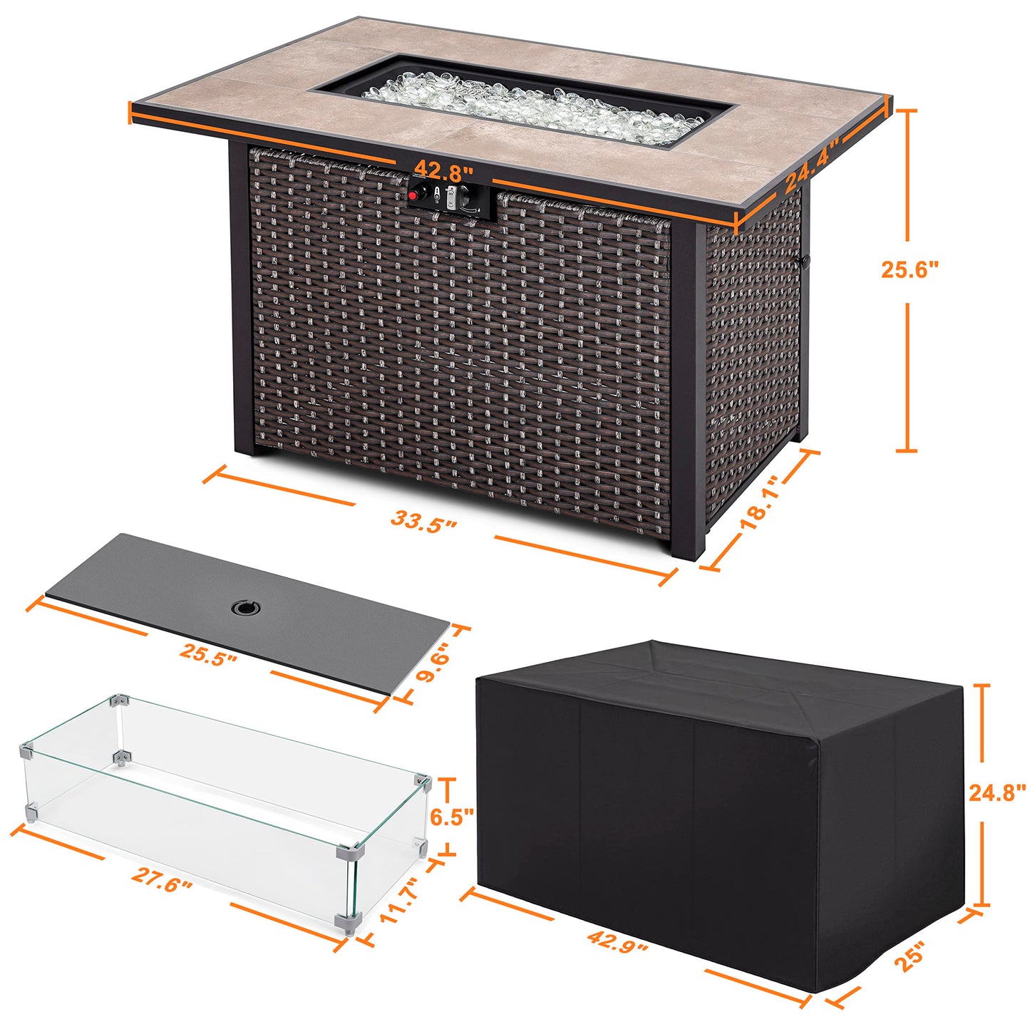 Nuu Garden Outdoor 43" 50,000 BTU Propane Gas Fire Pit Table, Ceramic Tabletop and Rattan Weaved Iron Frame, Water-Proof Oxford Cover, Glass Wind Guard, Glass Beads, Lid Included, Dark Brown & Coffee