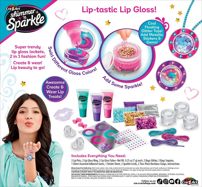 Cra-Z-Art Shimmer 'n Sparkle Glitter & Gem Lip Gloss Lockets DIY Activity Set, DIY Lip Gloss Maker, Birthday for Ages 8 and Up