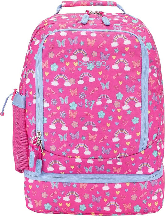 Bentgo Kids 2-in-1 Backpack & Insulated Lunch Bag - Durable 16â Backpack & Lunch Container in Unique Prints for School & Travel - Water Resistant, Padded & Large Compartments (Rainbows & Butterflies)