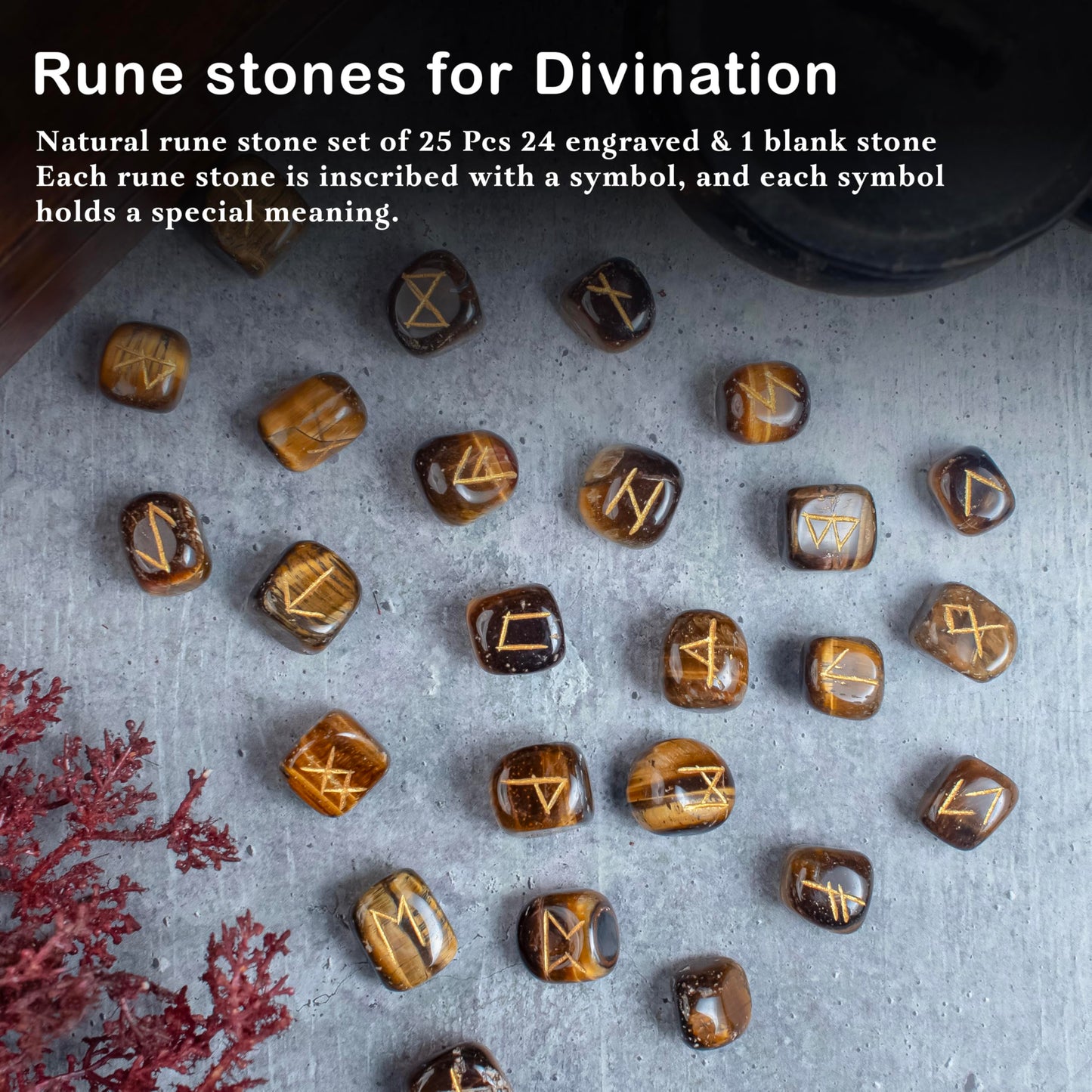 Crocon Tiger Eye Gemstone Tumbled Rune Stones with Elder Futhark Alphabet Engraved 25 pcs Runes Set Crystal Divination Healing Chakra Reiki with a Pouch & A Rune brochure Size : 15-25 mm