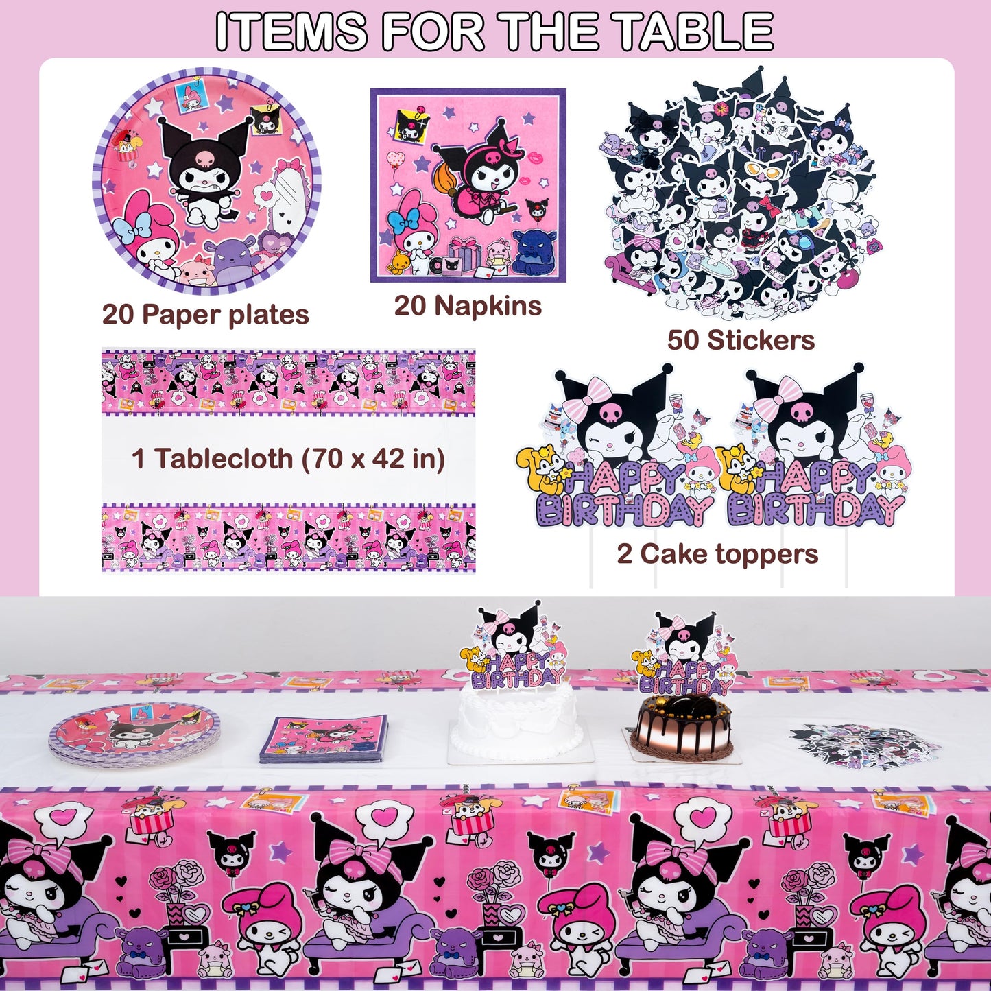 Cartoon Birthday Decorations, 115PCS Party Decoration Set with Birthday Banner, Cake Toppers, Balloons, Hanging Swirls, Paper Plates, Napkins, Tablecloth, and Stickers for Birthday Theme Party