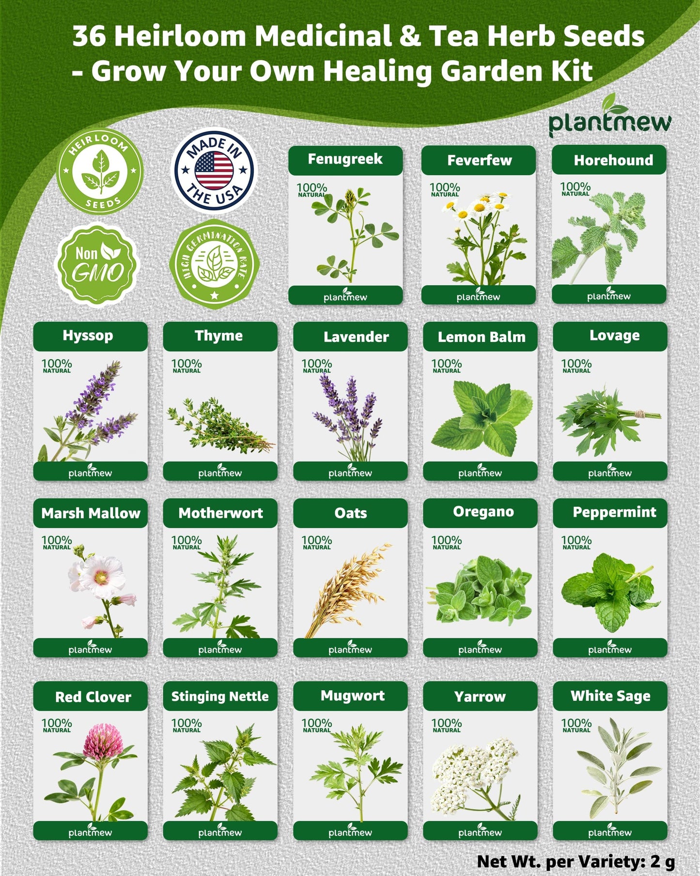 Medicinal Herb Seeds Variety Pack - 36 Non-GMO Herbal Tea Garden Seeds: Chamomile, Lavender, Echinacea, Yarrow, Mugwort for Planting Indoor & Outdoor, Apothecary & Homesteading Supplies