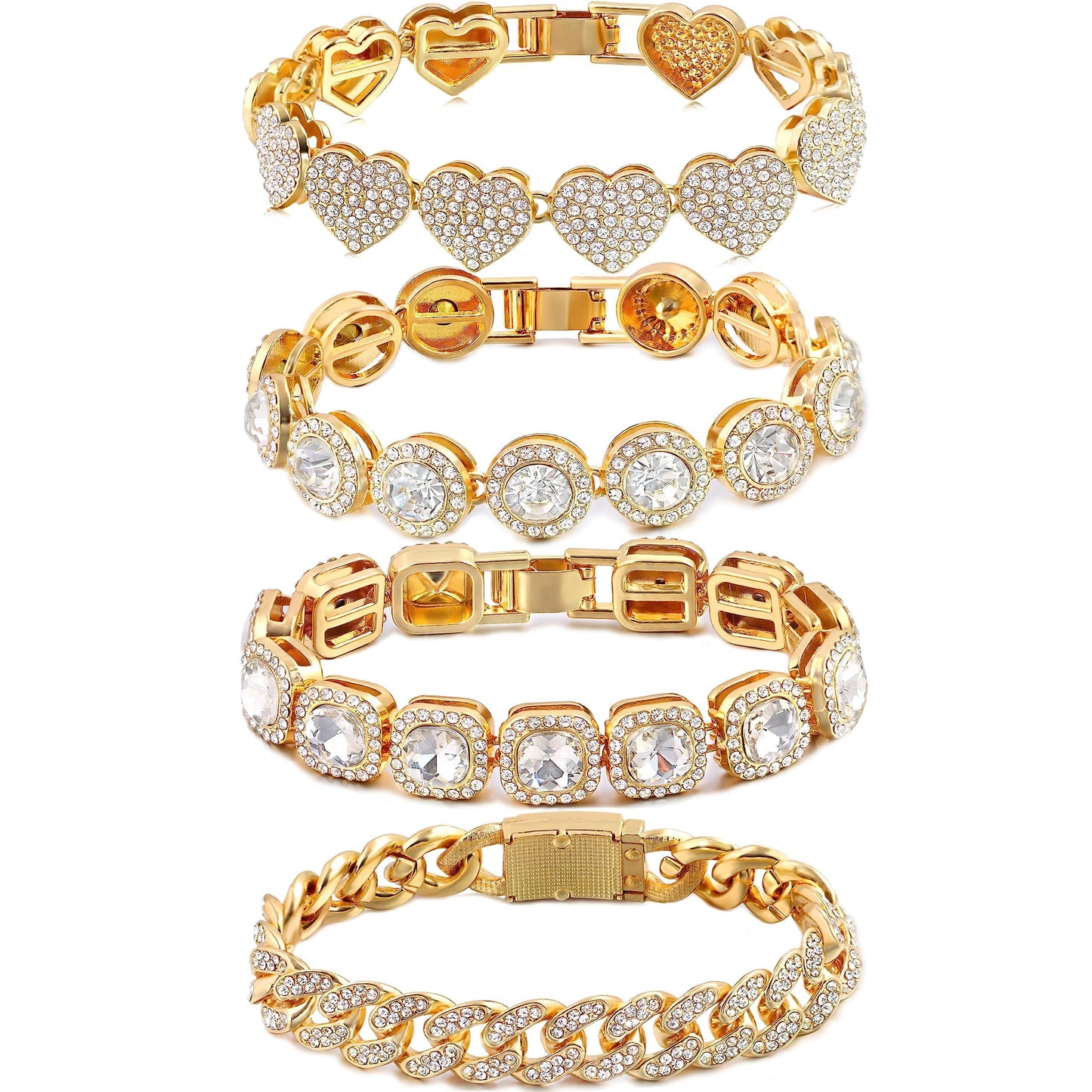 shopbyskyler 4PCS Gold Silver Bracelets for Women Diamond Cuban Bracelet Layered Link Bracelet Set Fashion Jewelry (Gold, 8inch)