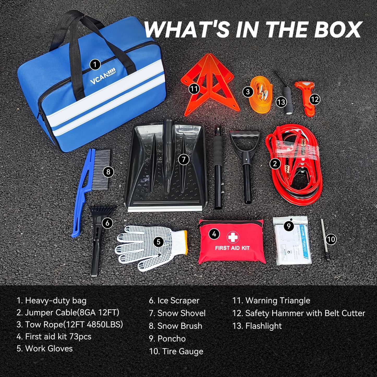 VCANENERGY Car Emergency Kit with Jumper Cable, First Aid Kit, Winter Travel Assistance with Detachable Snow Shovel, Safety Emergency Kit for Cars, Trucks