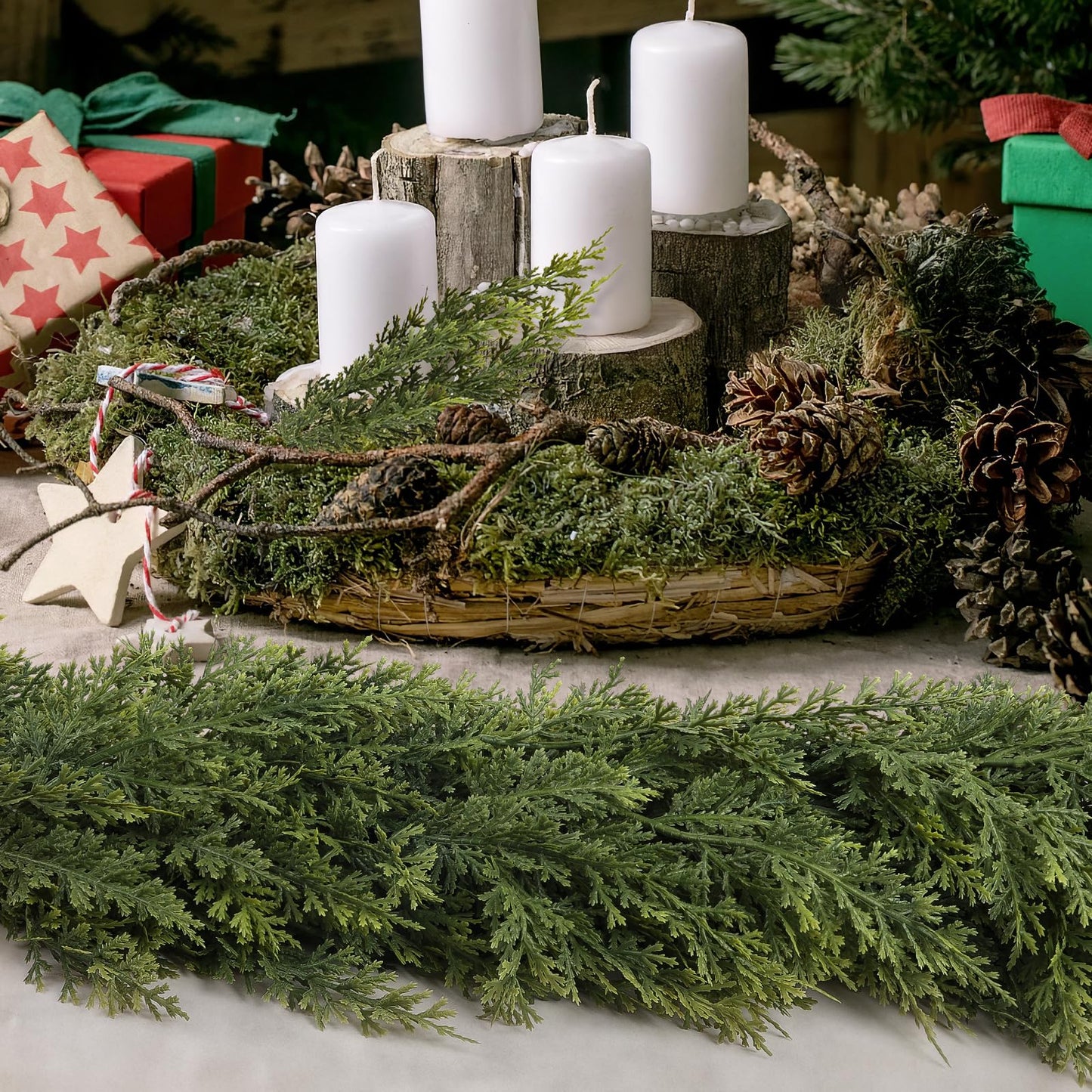 2 Pcs 9ft Christmas Cedar Garland with Soft Thickness Pine, Artificial Green Faux Cedar Pine Garland for Mantle Fireplace Indoor Outdoor Holiday Party Home Decoration