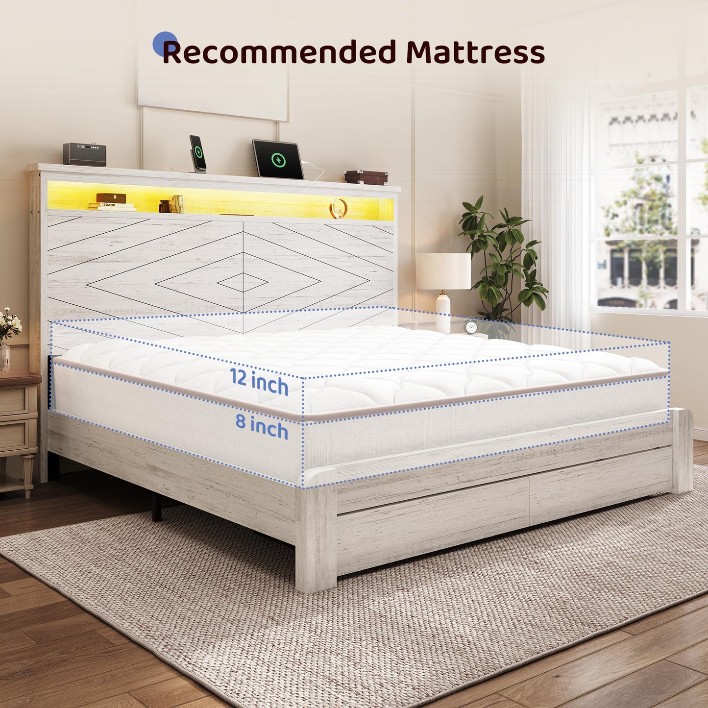 BRELTAM King Size Bed Frame with 2 Storage Drawers and Headboard Wooden Platform Bed Frame with LED Lights and Charging Station Easy Assembly/No Box Spring Needed/White