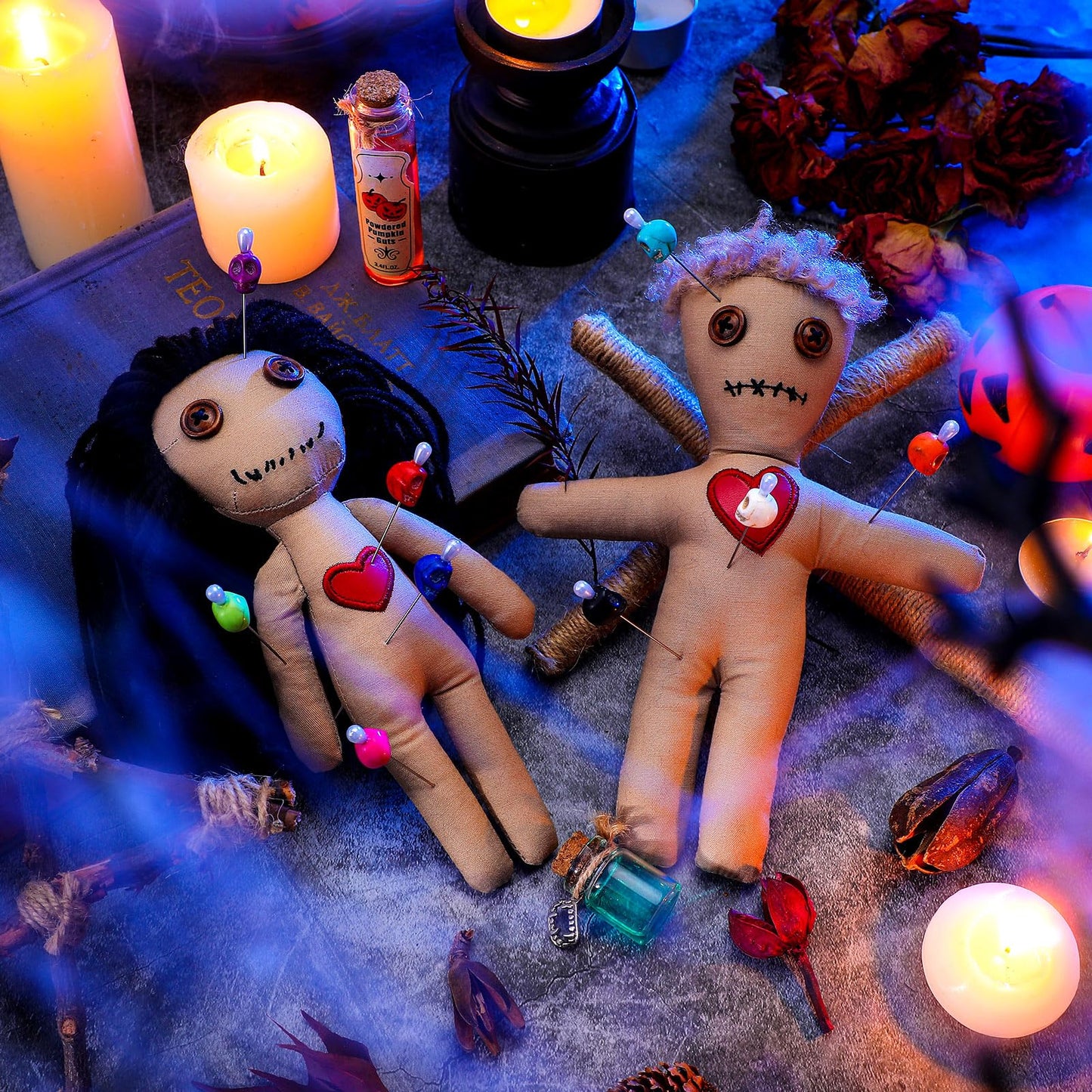 Jenaai 12 Pcs Voodoo Doll Set Include 2 Pcs Creepy Dolls with 10 Pcs Skull Pins Soft Halloween Scary 7.87 Inch Creepy Voodoo with Pins for Halloween Ornaments Fidget Toys Stress Relieving