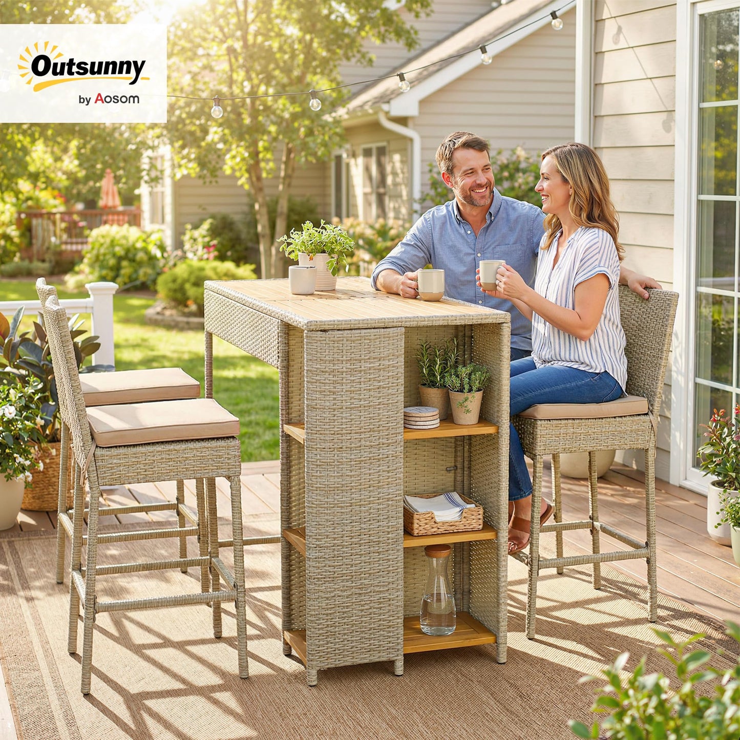 Outsunny 5 Piece Outdoor Bar Set, Wicker Outdoor High Top Table and Chairs, 3 Tier Shelves, Acacia Wood Bar Height Patio Set, 4 Barstools with Cushions, Back, Footrest for Garden, Backyard, Brown