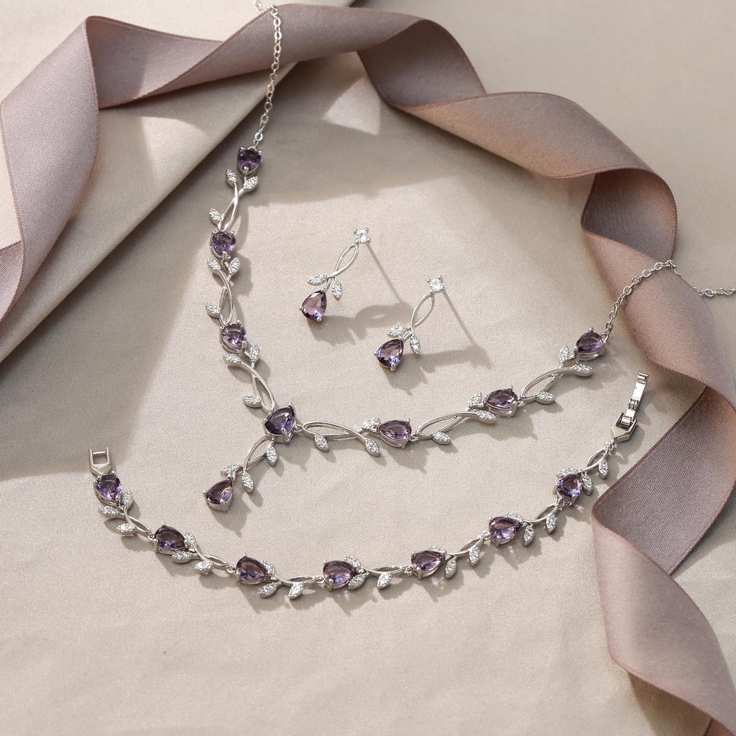 EVER FAITH Wedding Jewelry Set for Bride Bridesmaid, Purple Teardrop Cubic Zirconia Leaf Vine Bridal Prom Necklace Dangle Earrings Bracelet Sets for Women
