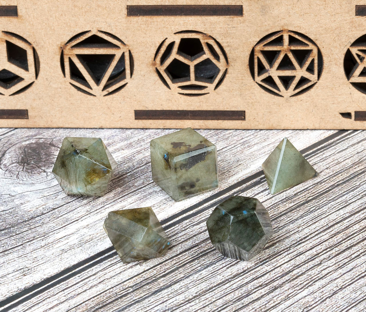 Crocon Labradorite 5Pcs Platonic Solids Crystal Geometry Set, Platonic Solids Sacred Geometric Stones for Meditation Reiki Balancing Healing Chakra Stone Cleansing Spiritual Good Luck (1520mm)