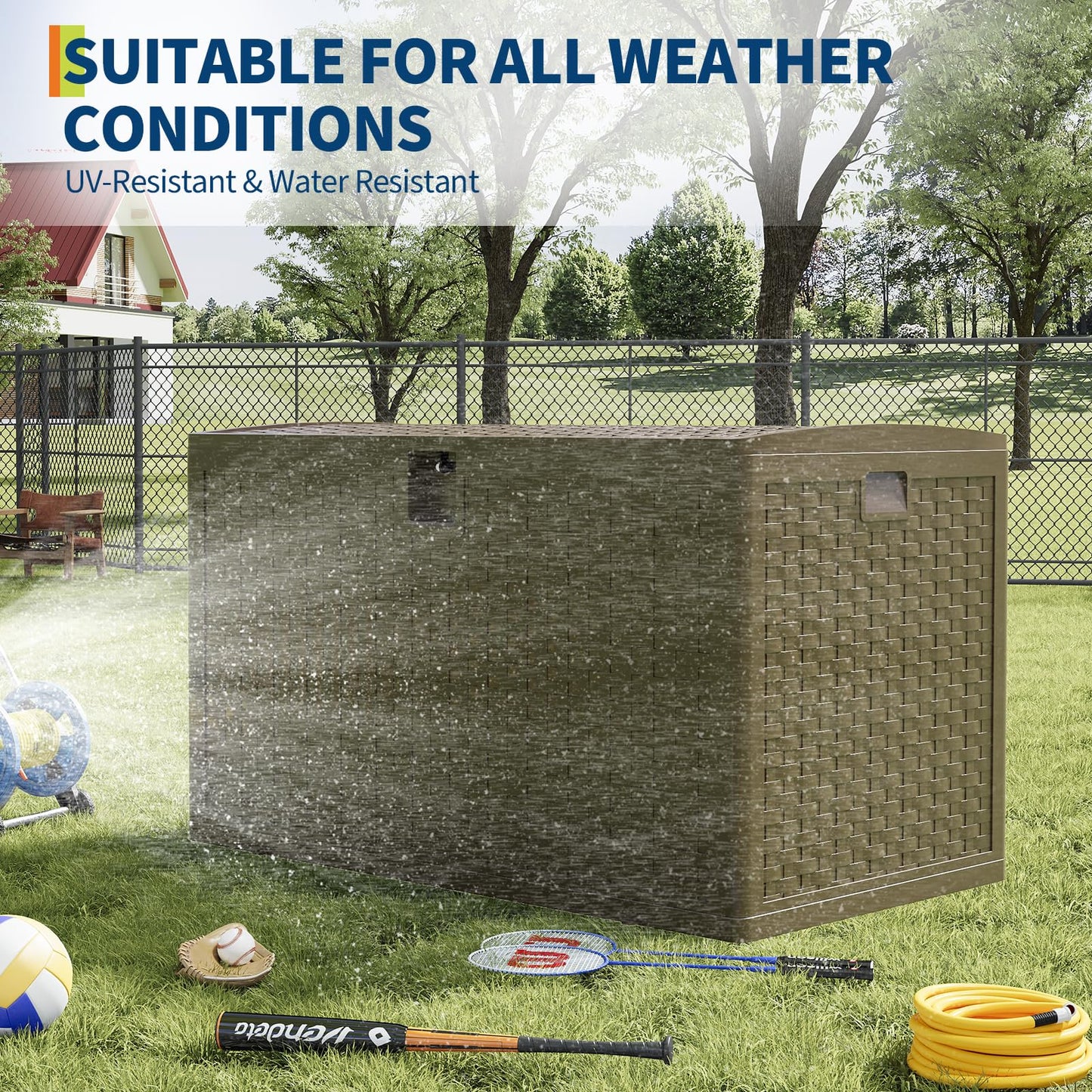 SierraSquad 120 Gallon Large Deck Storage Box - Lockable Waterproof Resin Outdoor Chest - Weatherproof Rattan Style, Side Handles, Ideal for Patio Furniture, Garden Tools, Pool Accessories - Brown