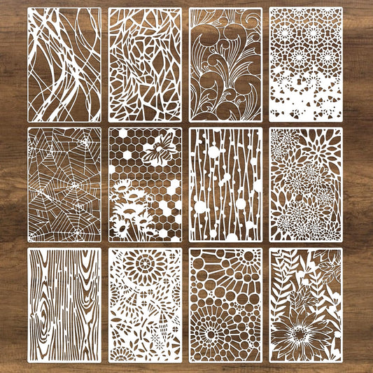 12Pcs Mixed Stencils for Painting, Art Stencils for Crafts Reusable, Wood Grains Flower Texture Templates Spider Web Layering Spray Paint Stencils Kit on Wall Canvas Cake Card DIY (11×7'')