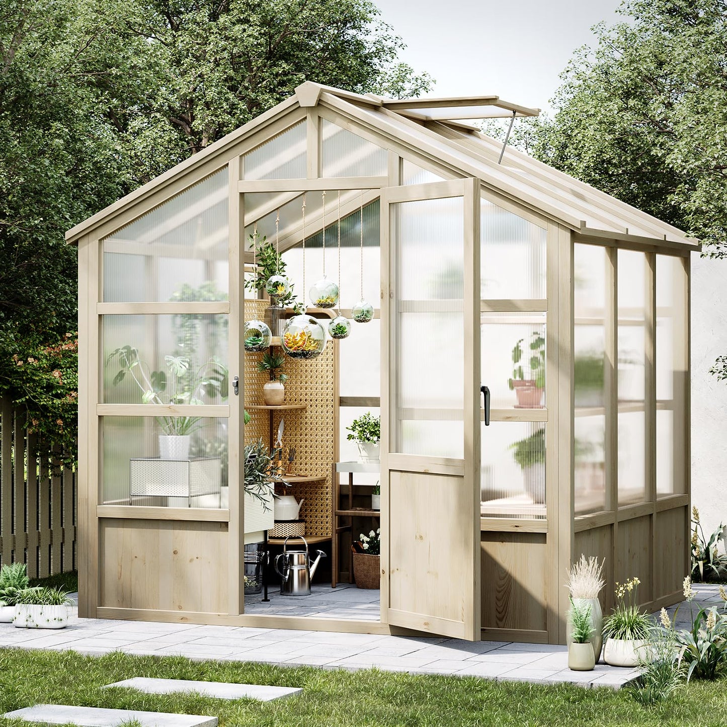 8x6 ft Wooden Greenhouse, Greenhouses for Outdoors with Lockable Door, Wood Frame & Adjustable Vent, Heavy Duty Greenhouse with Polycarbonate Panel for Outside, Garden, Yard, Light Brown