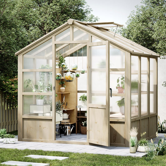8x6 ft Wooden Greenhouse, Greenhouses for Outdoors with Lockable Door, Wood Frame & Adjustable Vent, Heavy Duty Greenhouse with Polycarbonate Panel for Outside, Garden, Yard, Light Brown