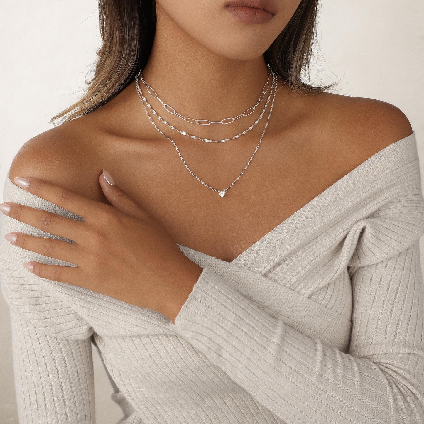 Hothrty Layered Gold/Silver Necklaces for Women 14K Gold Plated CZ Pendant Paperclip Choker Necklace Set Diamond Necklace Stack Trendy Simple Jewelry Gifts