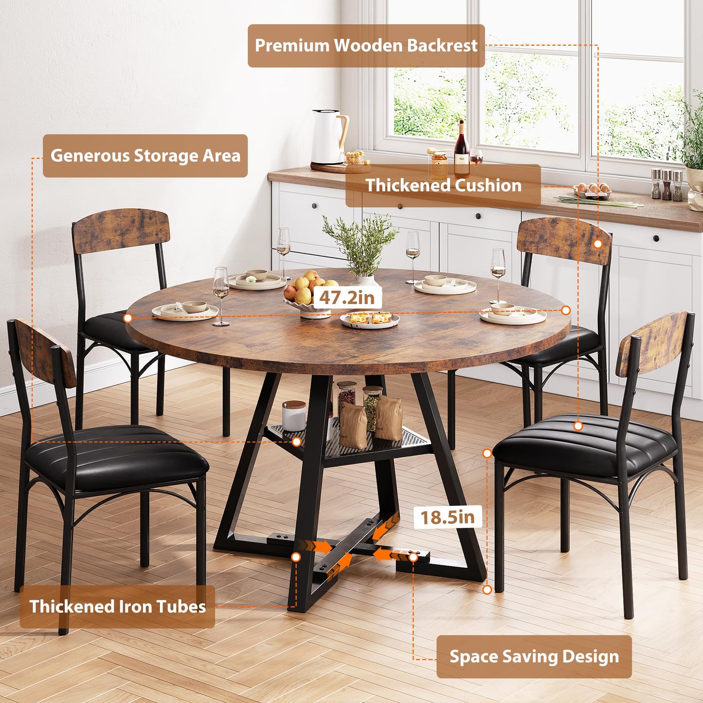 Dining Table Set for 4,Kitchen Table and Chairs for 4, Round Dining Room Table with Upholstered Chairs, 5 Piece Space Saving Circle Wood Kitchen & Dining Room Dinner Dinette Table Set (Vintage, 47In)