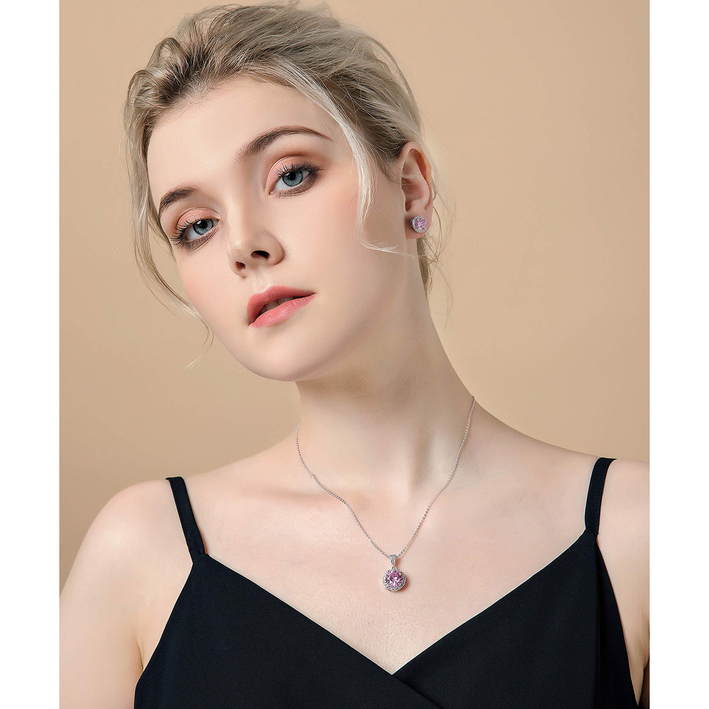 AMYJANE Bridal Jewelry Set for Women - Sterling Silver Round Pink Crystal Cubic Zirconia Pendant Necklace Earrings Set for Wedding Bride Bridesmaids Party Prom Valentine's Day Jewelry Accessories