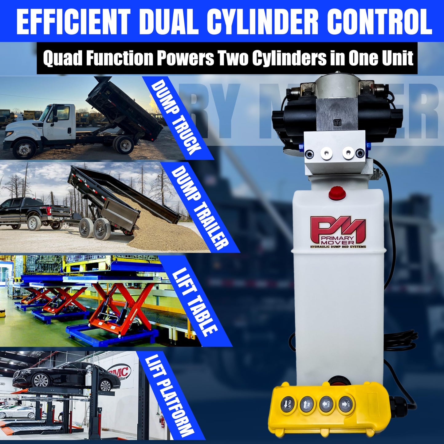 Primary Mover Hydraulic Pump for Dump Trailer - Dual Double 12Vdc Hydraulic Power Units - Dump Trailer Pump Poly Reservoir with 4 Button Remote Controller (8 Quart)