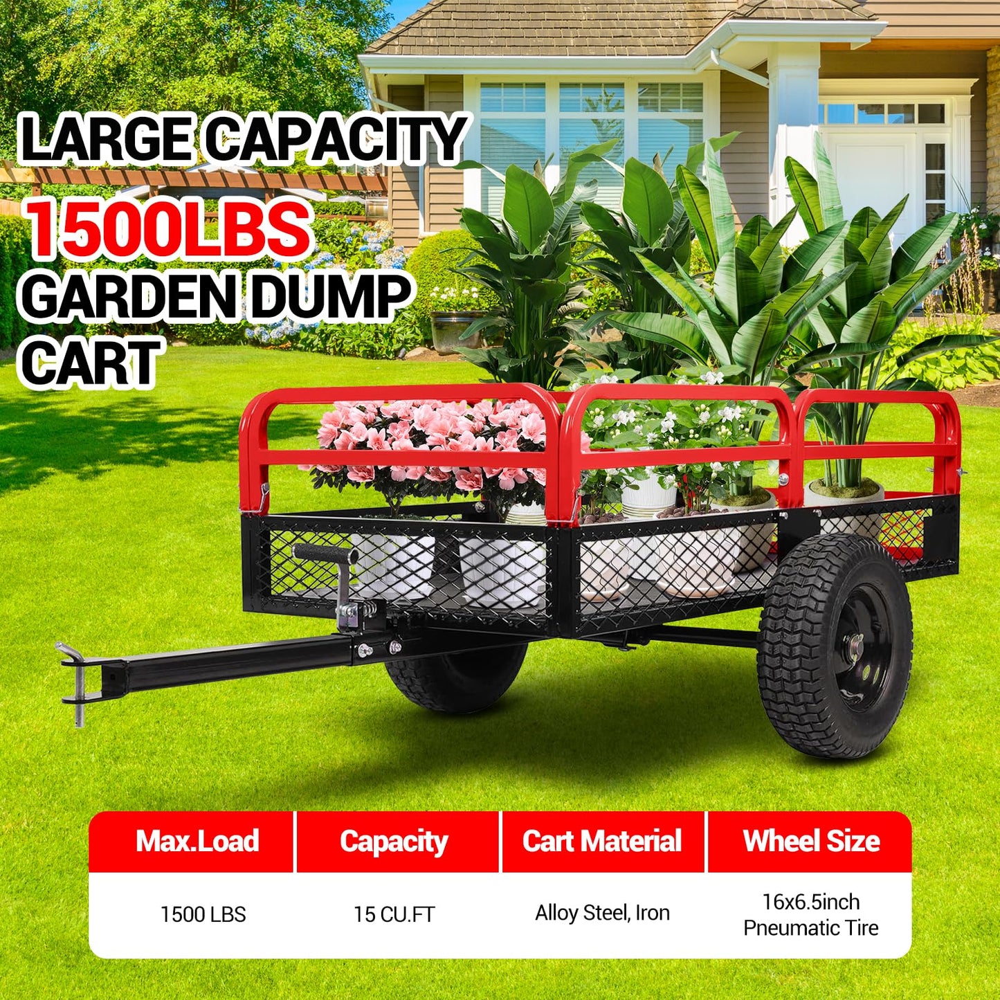 Heavy Duty Steel Dump Cart, 1500 Lbs Utility Garden Trailer, ATV Dump Trailer with Removable Sides, 15 Cubic Feet HD Agricultural Trailers for Tractor Lawn Mower Garden