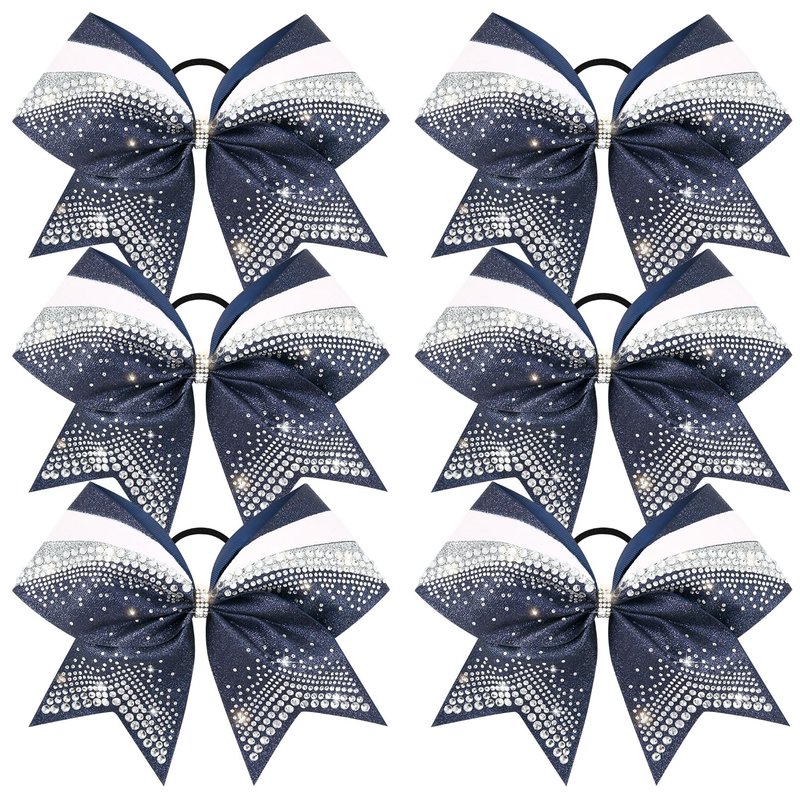 DEEKA 6 PCS 7" Large Glitter Cheer Bows with Shiny Rhinestones Three Color Stiff Hair Bows Elastic Band Ponytail Holder for for Cheerleaders Softball Girls Sports -Navy/Silver/White