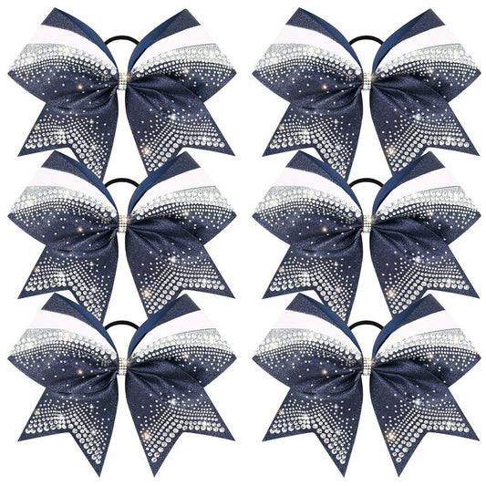 DEEKA 6 PCS 7" Large Glitter Cheer Bows with Shiny Rhinestones Three Color Stiff Hair Bows Elastic Band Ponytail Holder for for Cheerleaders Softball Girls Sports -Navy/Silver/White