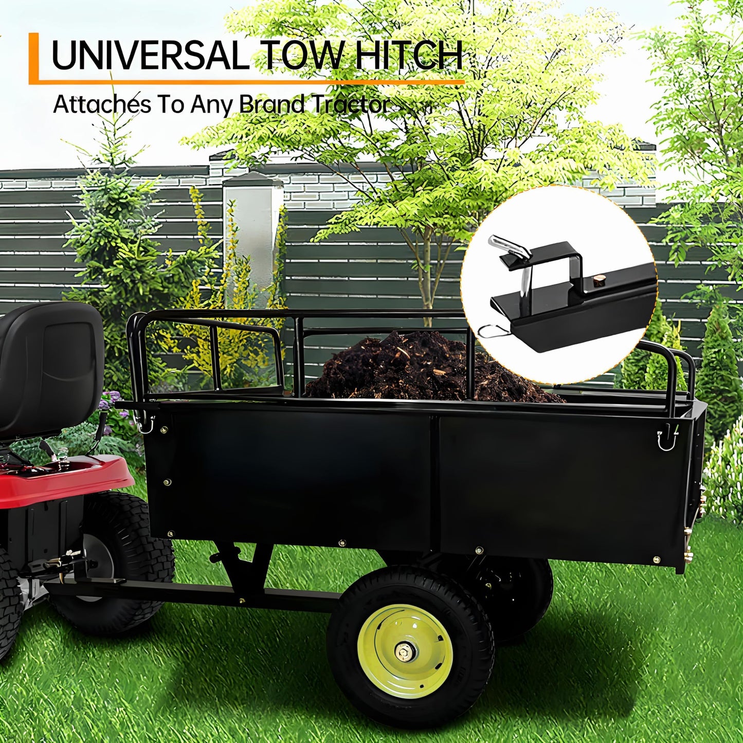 Utility Trailer - 750LBS Capacity Lawn Mower Cart with Removable Sides,15 Cu.Ft Steel Lawn Mower Trailer,Universal Hitch for ATV, UTV, Lawn Tractor, Riding Mower - for Garden, Yard Hauling and Farm