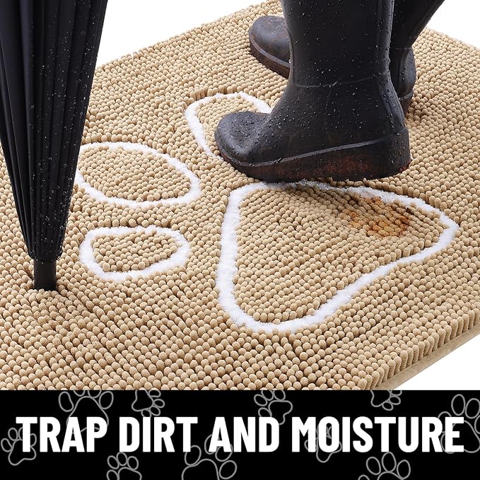 Smiry Dog Door Mat for Muddy Paws, Absorbent Dirt Trapper Non Slip Quick Dry Washable Chenille Mat for Mud Dogs, Entry Rug for Indoor and Outdoor (40x24 Inches, Beige and White)