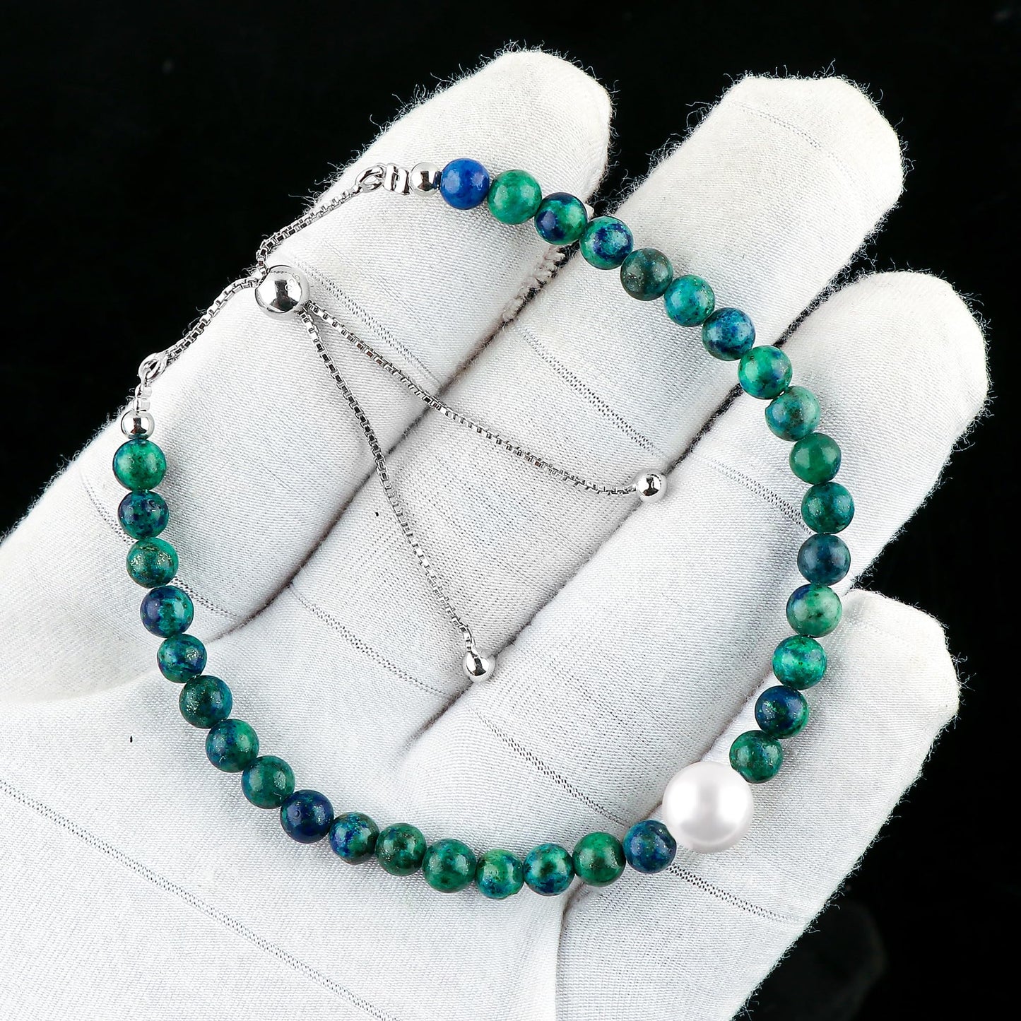CRYSTALIS Natural Malachite Azurite Beads Slider Bracelet with Elegant Pearl, High Grade Beaded Crystals, Chakra Healing Gemstone, Gift Giving Women Jewelry, 925 Sterling Silver Slider 10 inch