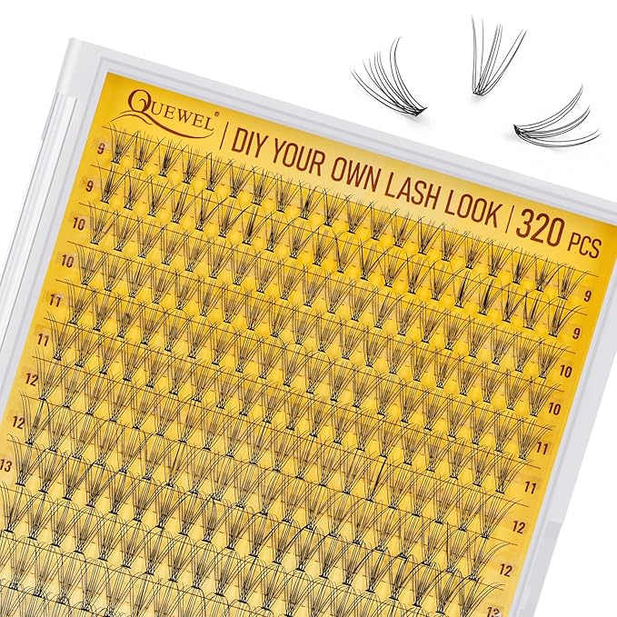 QUEWEL Lash Clusters 320Pcs Cluster Lashes 10D D Curl Lash Cluster Eyelash Extensions Mix9-16mm Individual Eyelashes Clusters Wispy Lash Clusters Thin Band Soft to Use at Home(10D D Mix9-16)