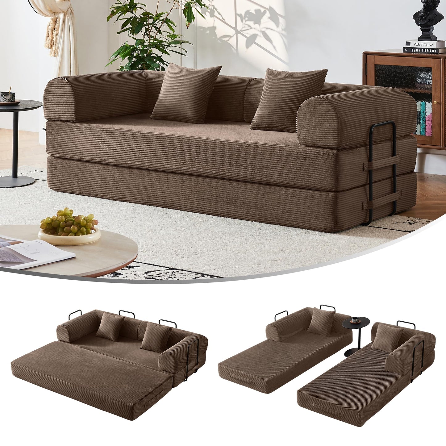 Bsxupke 5-in-1 Convertible Sofa Bed | 79" Fixed Frame with High-Resilience Memory Foam, Easy Setup | Durable Corduroy Converts to Full Bed, Great for Family Living Room (Brown)