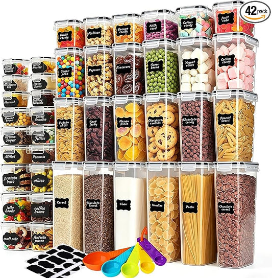 Airtight Food Storage Containers with Lids, BPA Free Clear Pantry Storage Container for Kitchen Food Pantry Organizers and Storage, Plastic Pantry Organiser for Cereal,Flour and Sugar 42 pack