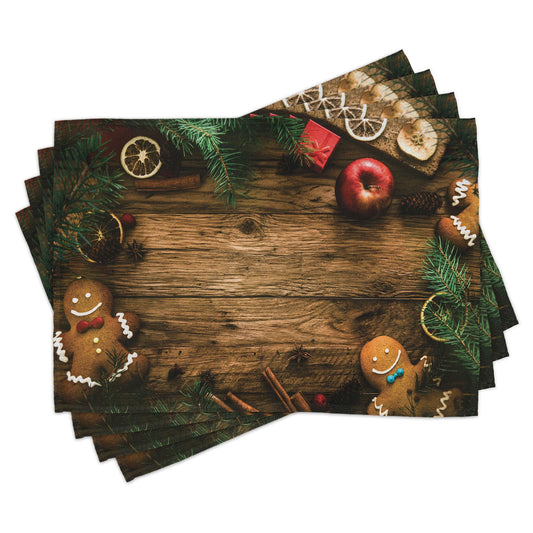 Ambesonne Christmas Place Mats Set of 8, Gingerbread Man Gift Box Coniferous Pine Cinnamon Dessert on Rustic Wood Theme, Washable Fabric Placemats for Dining Table, Placemat 8 pcs, Green and Brown