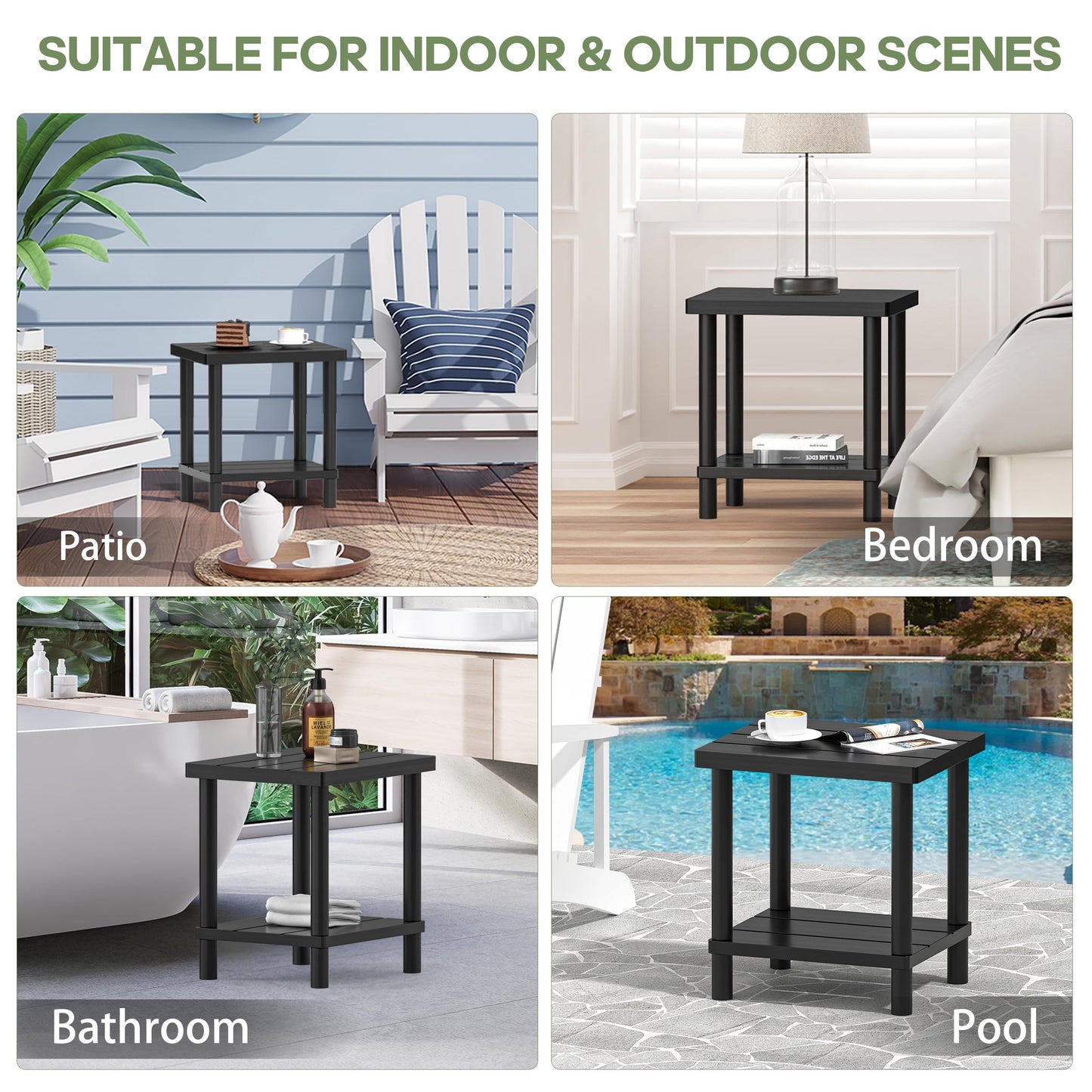 LEJANEOYE Outdoor Side Table, 2-Tier Small Outdoor Table for Patio, Adirondack Side Tables for Outside or Indoor, Bamboo End Table for Pool, Porch, Weather Resistant Easy Maintenance-Black