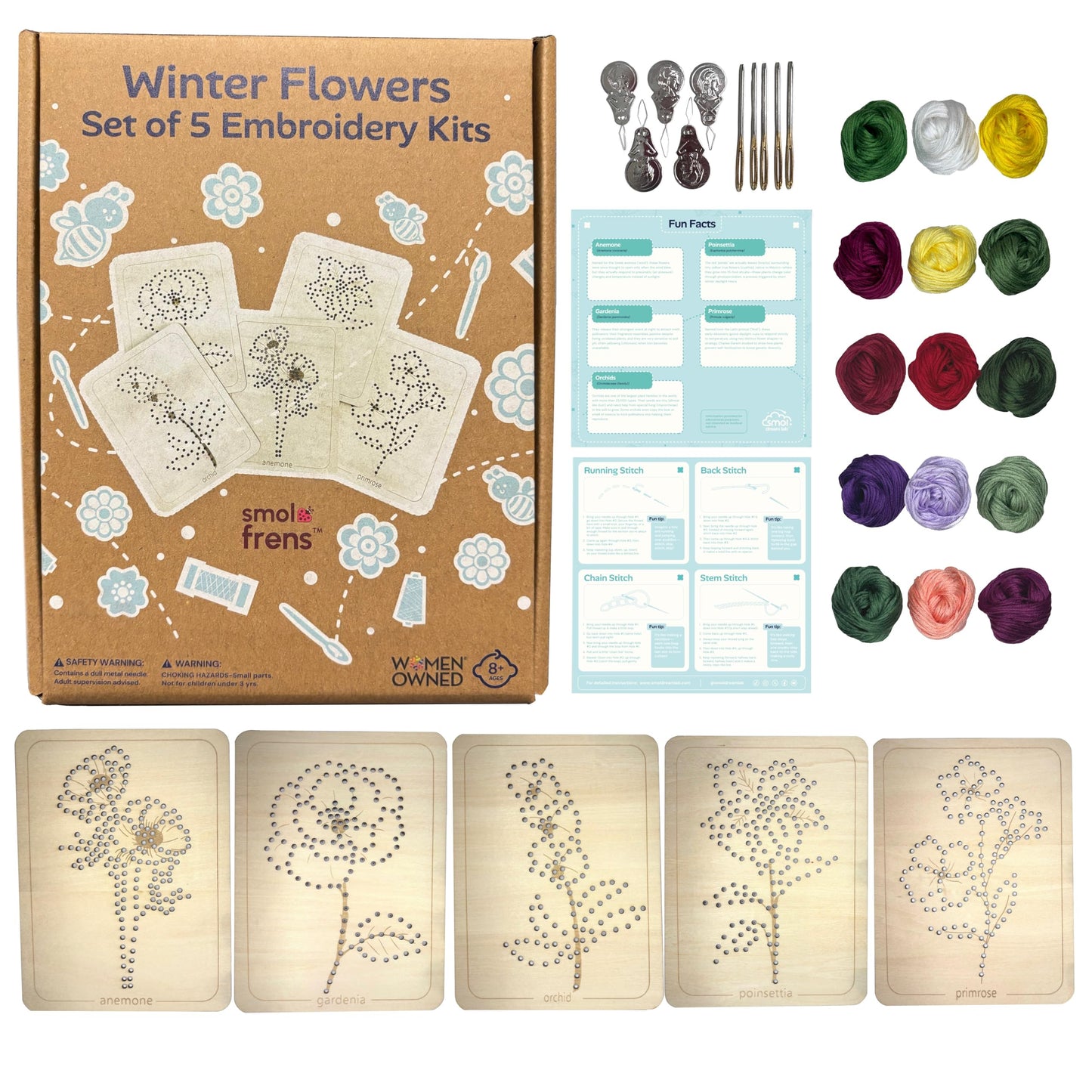 Wooden Flower Lacing Embroidery Kits for Beginners, Set of 5 Learn-to-Stitch Craft Boards, Sewing & Embroidery Art Kits for Kids Ages 8+, DIY Craft Projects, Educational Gifts, Party Favors (Winter)