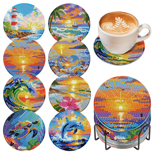 8 Pcs Beach Diamond Art Coasters Kit with Holder for Adults, DIY Diamond Painting Coasters with Cork Backing, Non-Slip Ocean Gem Art Coaster for Home Decor & Gifts