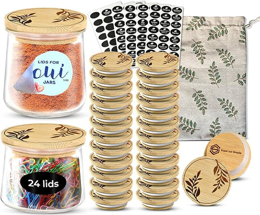 Oui Yogurt Jar Lids Bamboo Olive Branches â 24 Pack Airtight Reusable Oui Jar Covers with Silicone Seal â Oui Yogurt Jar Lids Wood for Yogurt Jars â Includes Chalkboard Labels & Storage Bag