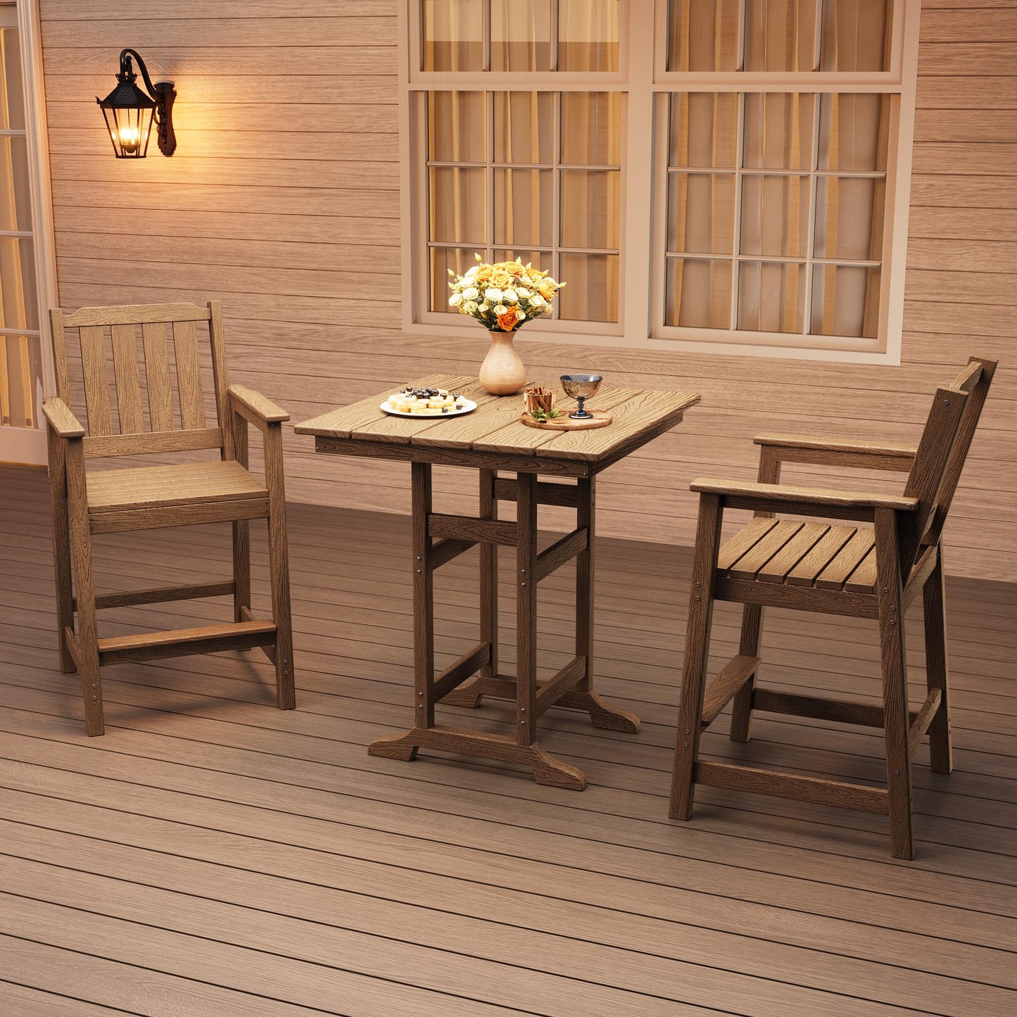Garvee 3-Piece Outdoor Adirondack Bar Set, Patio Bar Table with 2 Bar Chairs, HDPE All-Weather Patio Bar Furniture Set with Umbrella Hole, for Balcony, Backyard, Poolside, Bistro