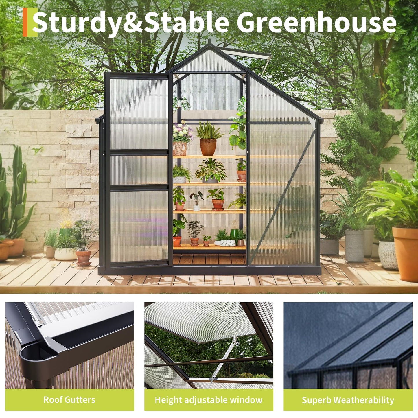 6×6FT Polycarbonate Greenhouse for Outdoors, Large Walk in Green House Kit and Winter Garden Planting, Enhanced Aluminum Green Houses for Outside to Protect Vegetables or Plants
