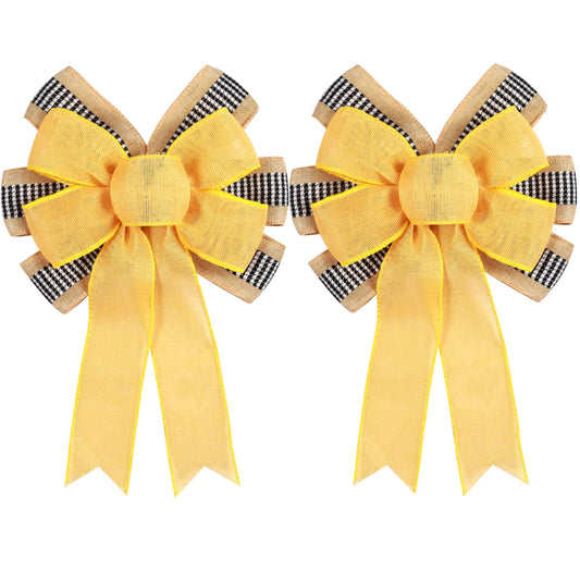 2 PCS Spring Summer Wreath Bow Decor,Decorative Bow with Yellow Burlap and Black White Stripe Ribbon for Holiday Tree Topper Home Front Door Outdoor