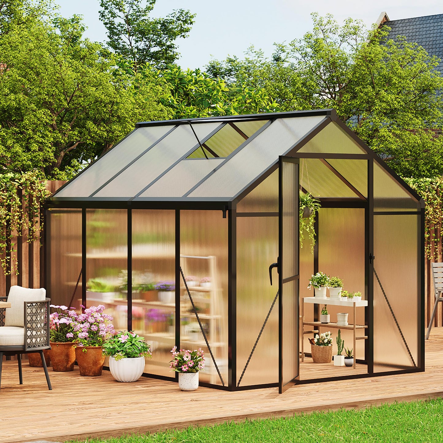 Greenhouse, 6x8 Ft Outdoor Greenhouses, Greenhouse Kit, Portablee Greenhouses with Ground Nails and Vent Windows, Sliding Lockable Door, Polycarbonate Green House for Outside Garden Backyard, Black