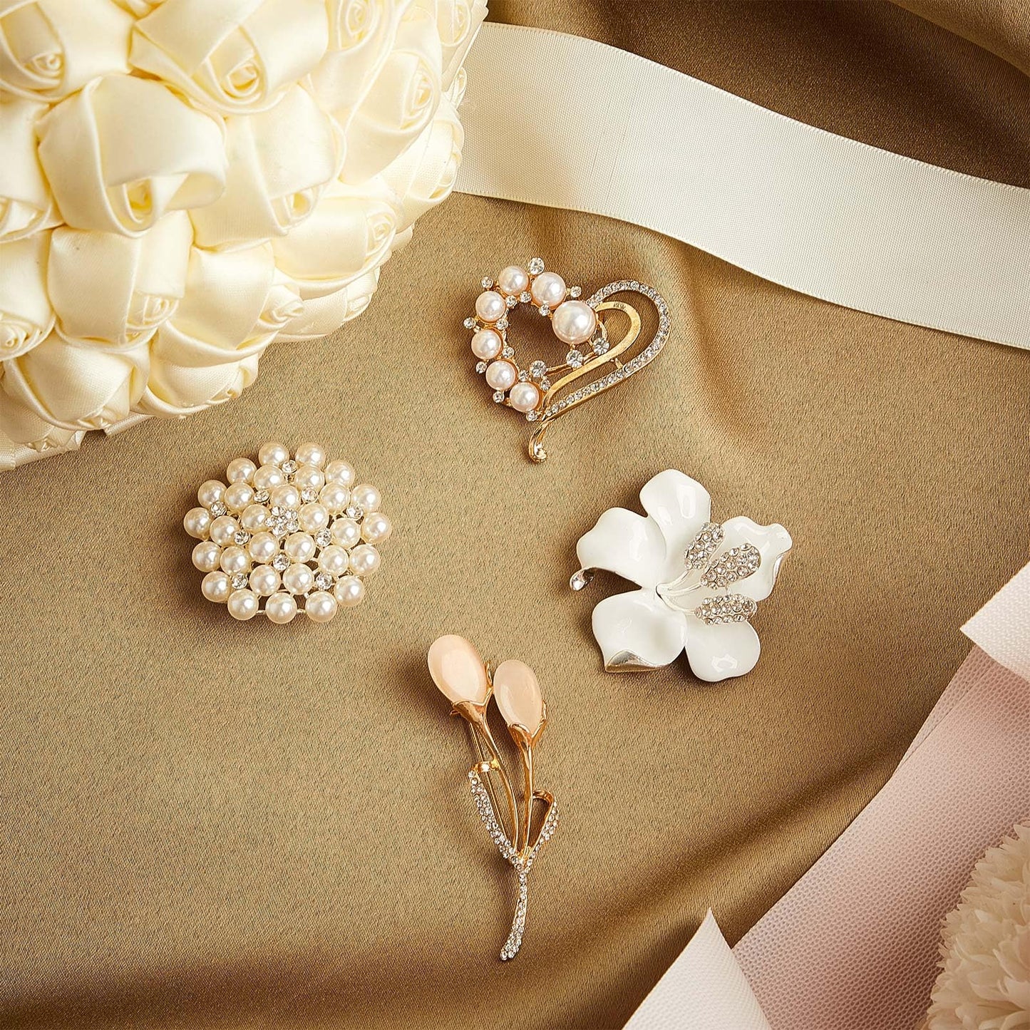 Ecally 4 Pcs Flower Brooch Pins for Women, Crystal Pearl Brooch and Pins for Dress, Coat, Shawl – Gift for Mother，Wedding (Elegant)