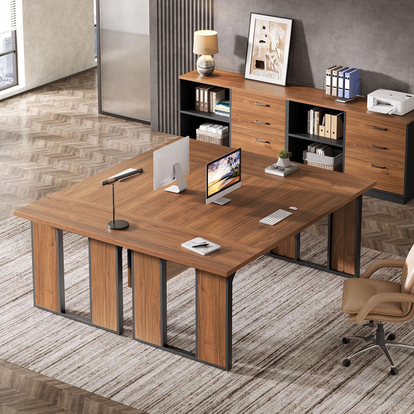 Tribesigns 63‘’ L-Shaped Executive Desk, Office Table with 47-Inch Drawers Cabinet, Large Computer Desk with Storage Shelves, Business Furniture Set for Home Office, Brown & Black