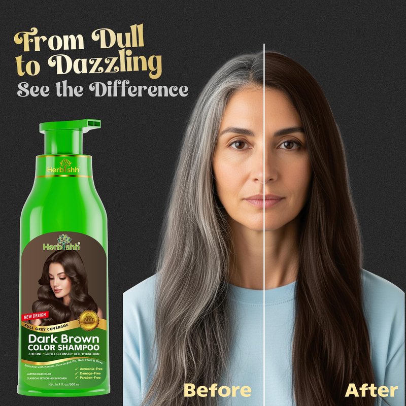 Herbishh Hair Color Shampoo for Gray Hair 500ml Dark Brown + Essential Care Flower Hair Oil for Dry Damaged Hair & Growth 60ml