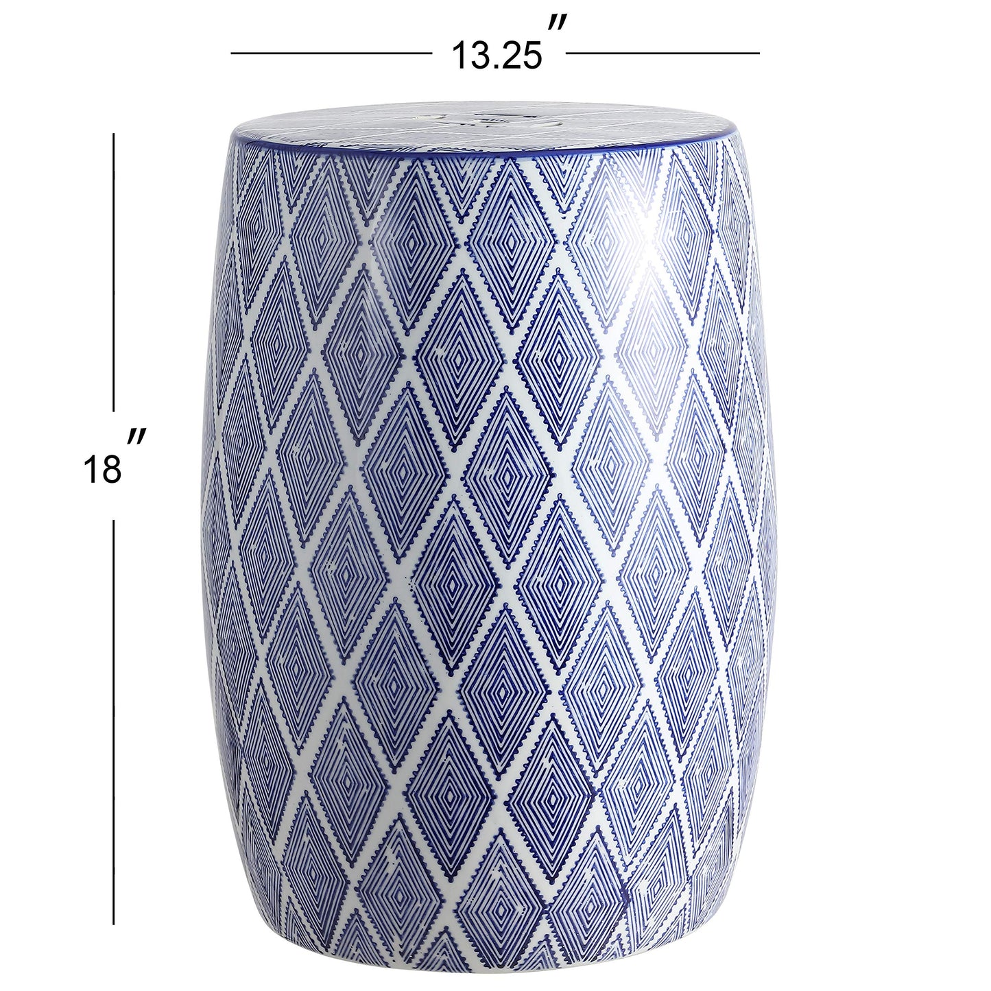 JONATHAN Y TBL1019A Moroccan Diamonds 18" Ceramic Drum Indoor/Outdoor Garden Stool, Coastal, Contemporary, Side Table, Plant Stand, Spill-Proof, Living Room, Garden Room, Patio, Blue/White