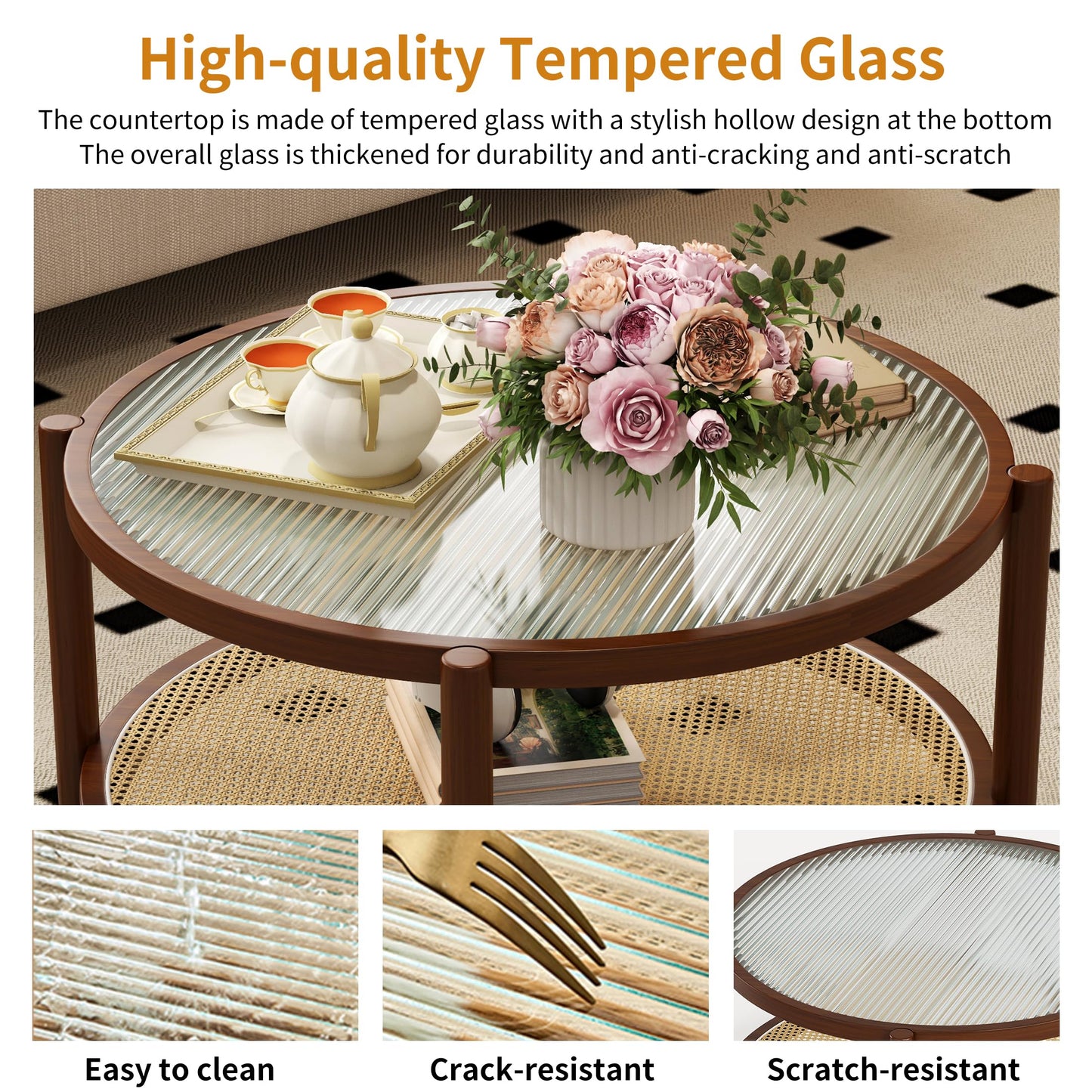 Saylike Rattan Round Coffee Table for Living Room, 32" Boho Circle Table with Tempered Glass Desktop Rustic Solid Wood Farmhouse Accent Center Storage Table (Walnut, 31.5" D x 31.5" W x 17" H)