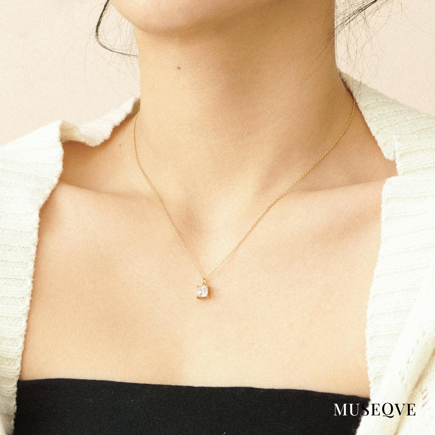 MUSEQVE 14K Gold Plated Solitaire Necklace for Women • Square CZ Diamond Princess Cut Cubic Zirconia Pendant Jewelry • Adjustable Chain Non Tarnish Bridesmaid Gifts [CZN-SQ-G]