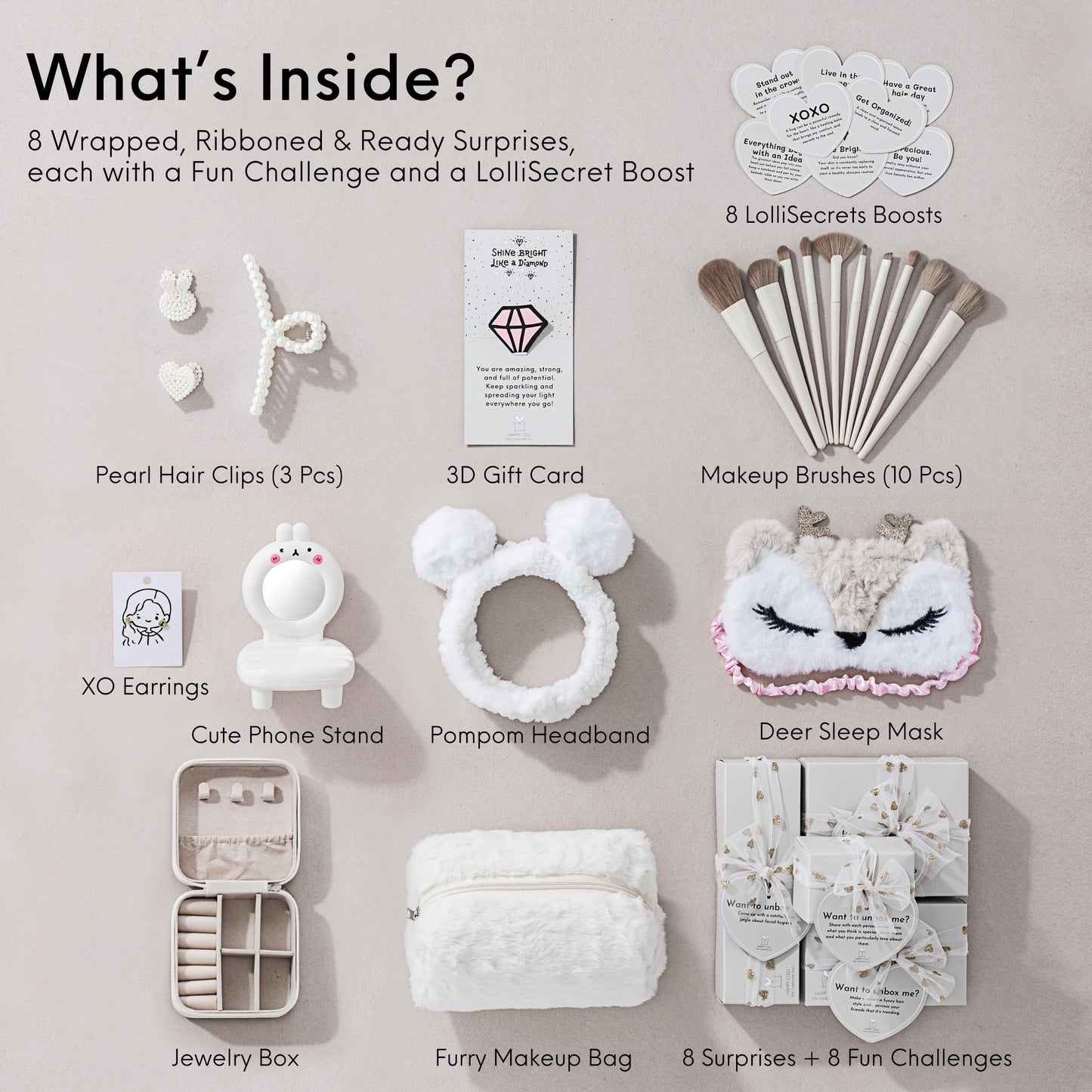 HAPPY LOLLI White LolliBox Gift Set for Tween & Teen Girls Ages 8–15, Birthday Gift Box, Ready-to-Gift Surprise Box with 8 Individually Wrapped Gifts & Empowering Challenges